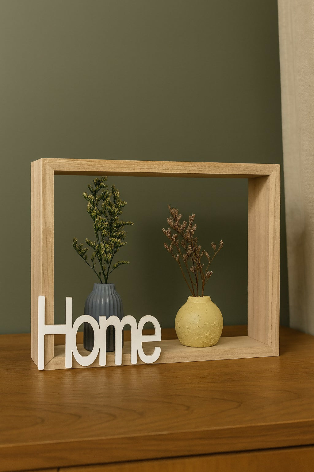 Rustic Wooden Frame Wall Shelf with Decorative Mini Vases and “Home” Sign – Vintage Style Tabletop & Wall Hanging Décor for Living Room, Bedroom, and Office