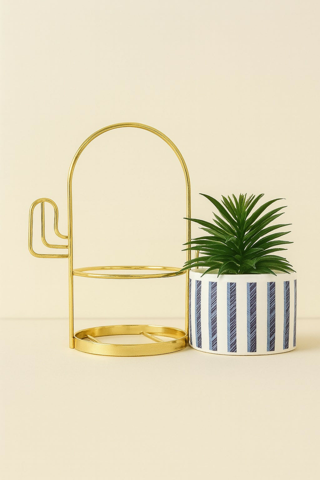 Elegant Striped Ceramic Planter with Artificial Palm Leaf Plant and Golden Metal Stand – Decorative Tabletop Pot for Home, Office, and Gift Use