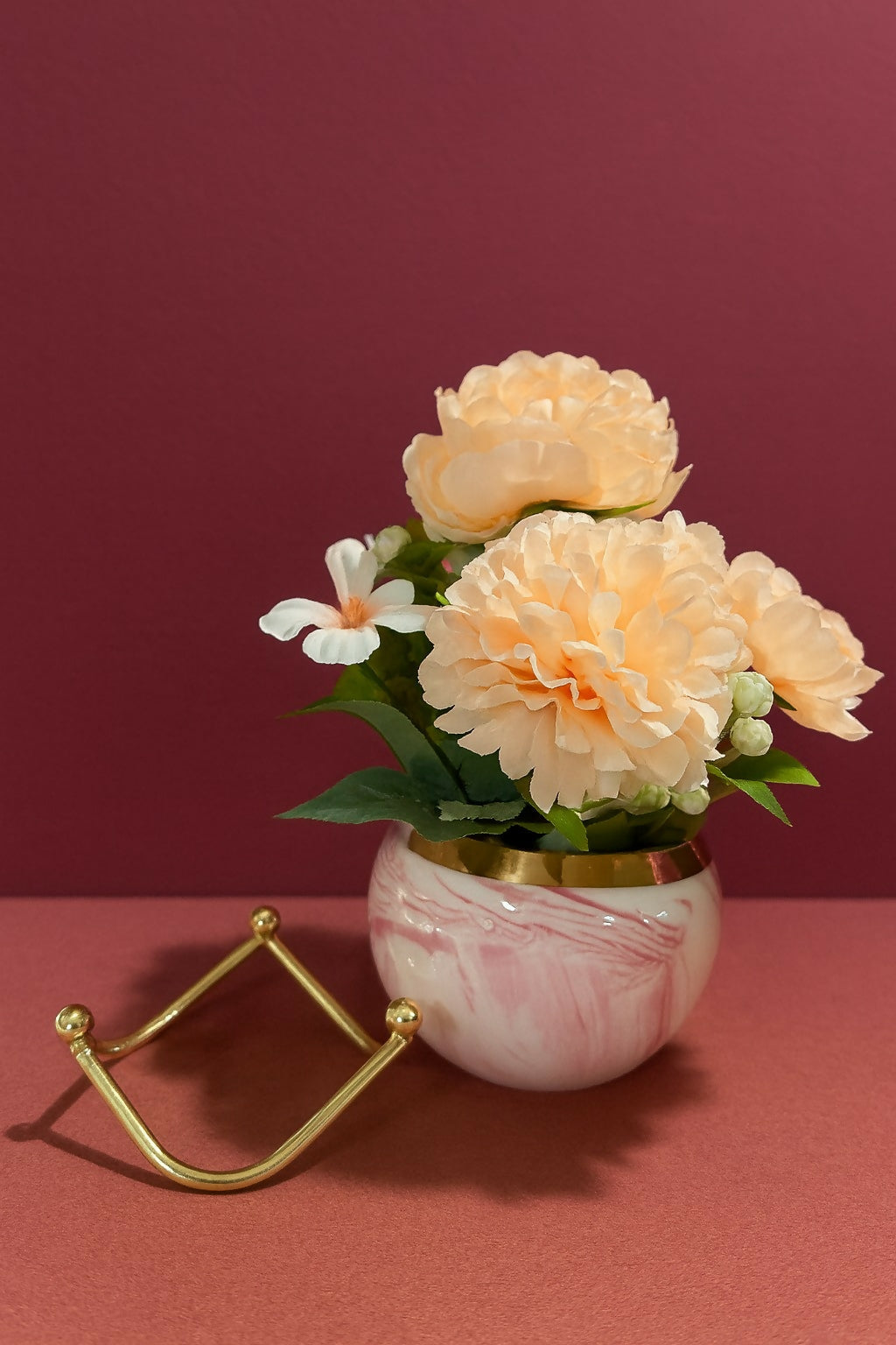 Luxury Artificial Peach Peony Flower Arrangement in White & Pink Marble Finish Ceramic Pot with Gold Rim and Stand – Elegant Table Centerpiece for Home, Office, and Gifting