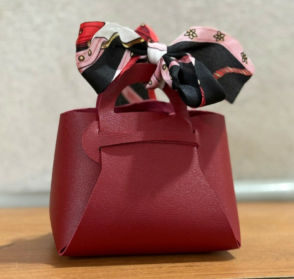 Stylish Red PU Leather Mini Handbag with Printed Fabric Bow | Elegant Gift Pouch for Jewelry, Candy, Return Gifts, Party Favors for Women & Girls