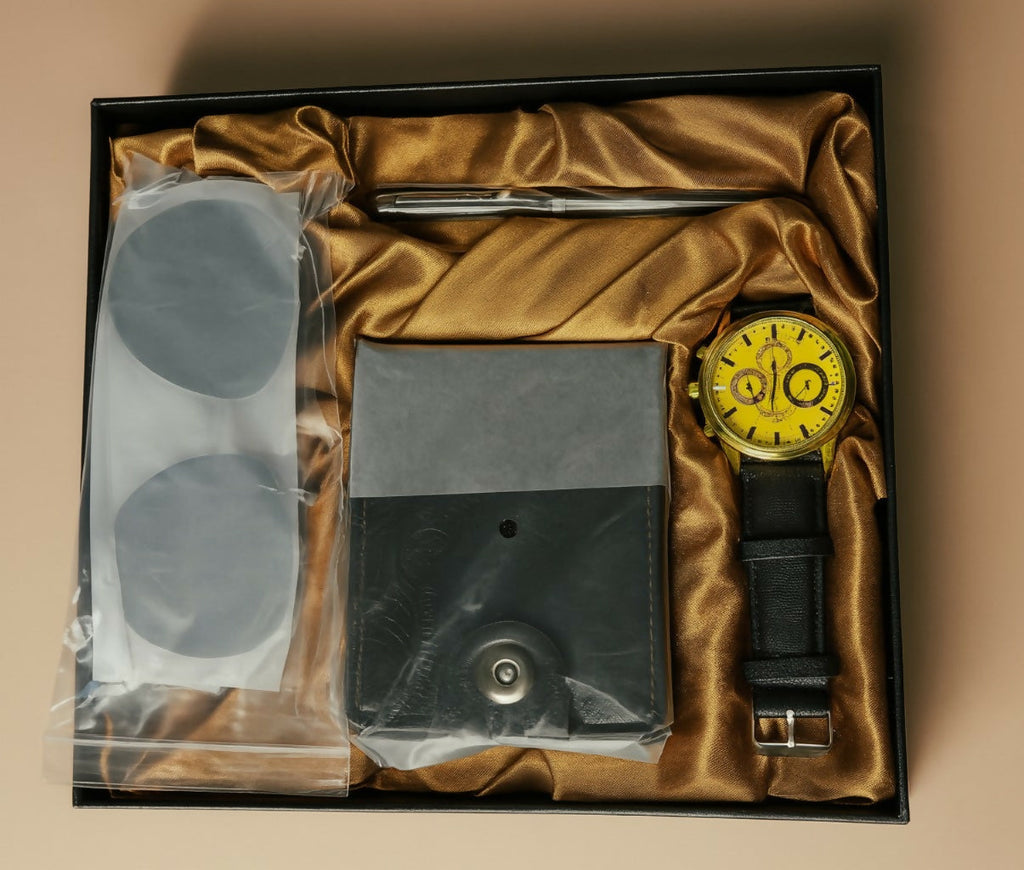 Stylish 4-in-1 Men’s Gift Set with Yellow Dial Watch, Black Wallet, Sunglasses & Metal Pen | Luxury Combo Set for Men in Premium Box – Ideal for Birthday, Anniversary, Festive & Corporate Gifting