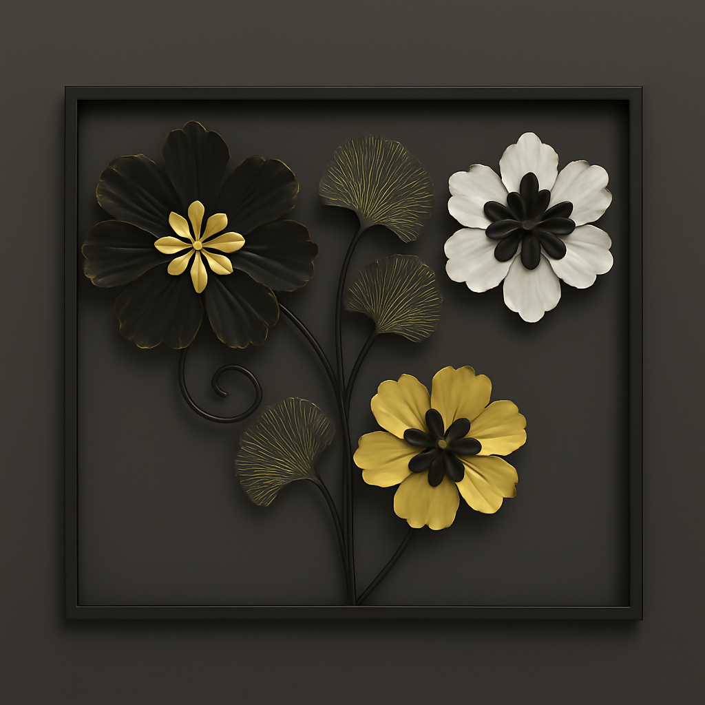HOME DECOR Elegant Metal Floral Wall Art – Black, Gold & White 3D Flower Frame Décor