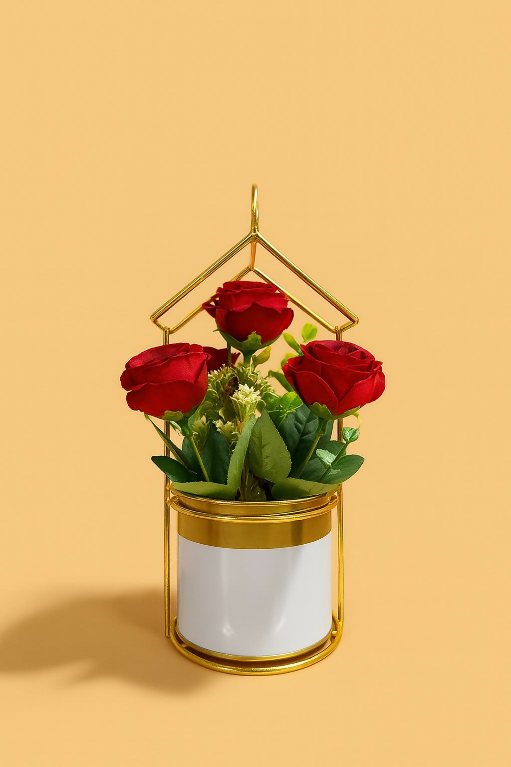 Artificial Red Rose Flower Arrangement in White & Gold Metal Pot with Geometric Stand – Elegant Decorative Centerpiece for Home, Office, and Gifting