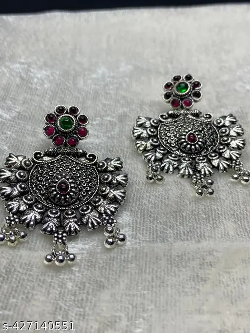Oxidised Silver Plated Brass Stone Work Earrings for Women's & Girls