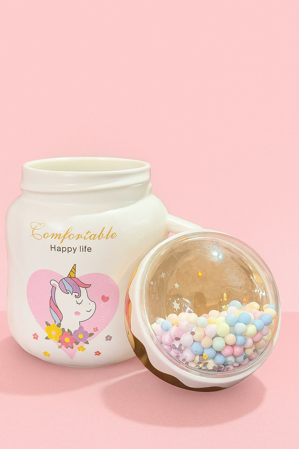 Cute Unicorn Ceramic Mug with Dome Lid – Comfortable “Happy Life” Cartoon Coffee Mug for Kids & Girls – Adorable Gift Cup with Golden Crown Accent and Pastel Decorative Beads