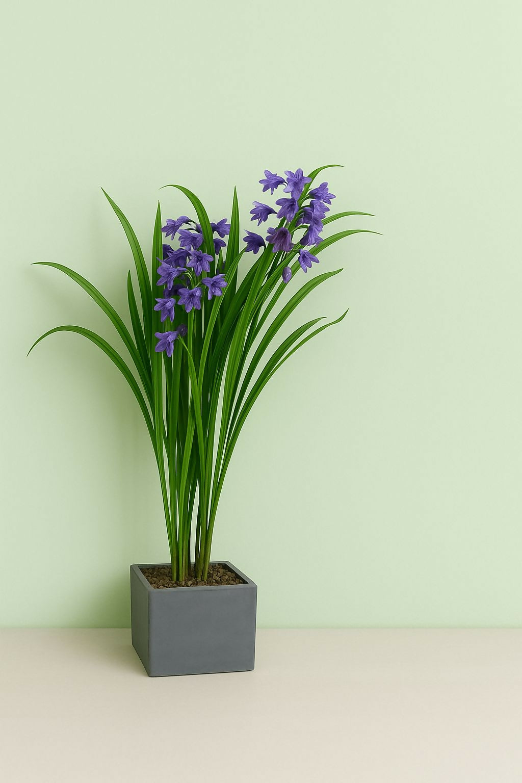HOME DECOR Artificial Purple Bellflower Plant with Pot – Realistic Faux Floral Arrangement with Green Leaves in Grey Planter – Decorative Tabletop Flower Pot for Home, Office, and Gifting