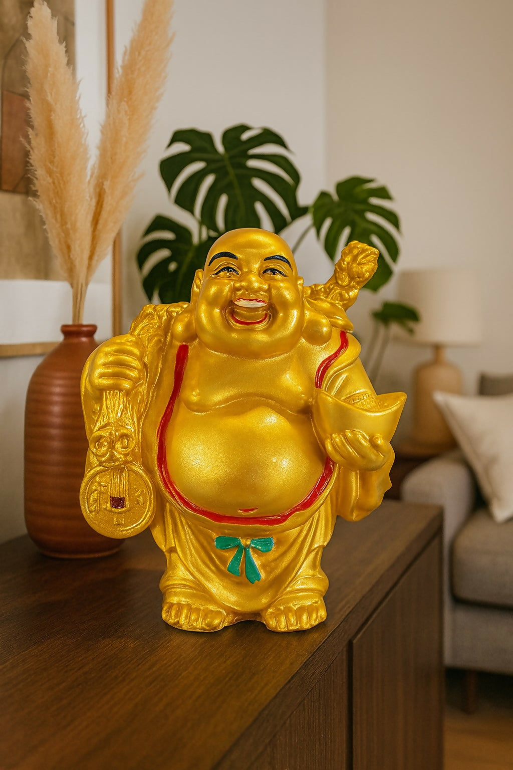Golden Laughing Buddha Idol Holding Wealth Ingot and Coin – Feng Shui Statue for Home Decor, Positivity, and Prosperity – Resin Showpiece for Living Room, Office, or Gifting