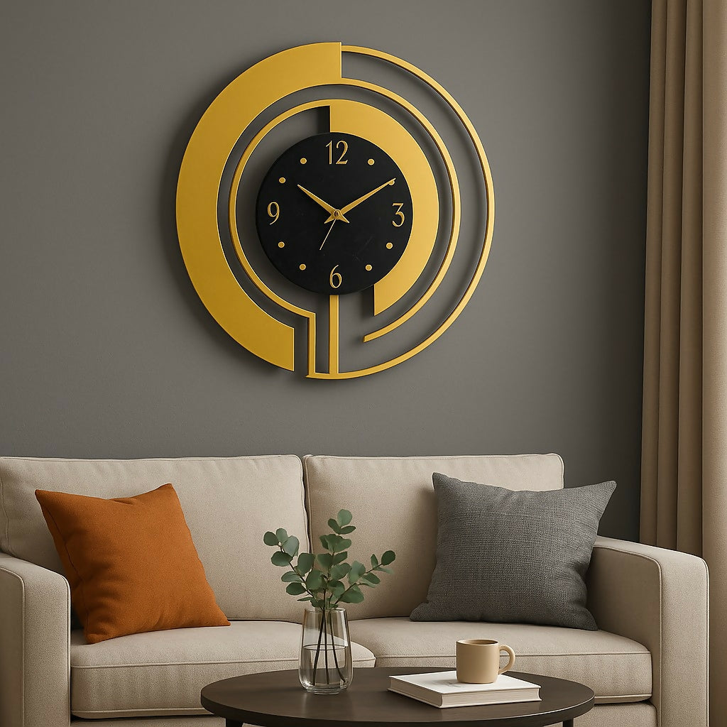 HOME DECOR Luxury Gold & Black Designer Wall Clock – Modern Metal Circular Wall Clock with Abstract Cutout Design – Silent Quartz Decorative Clock for Living Room, Office & Premium Home Decor