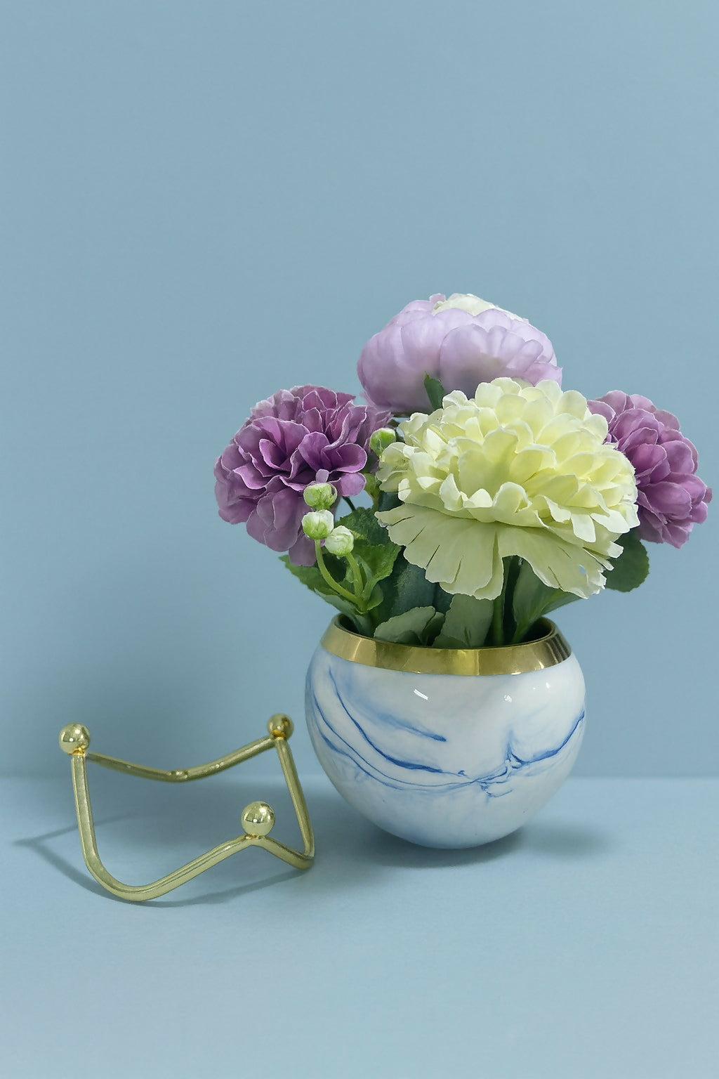 Luxury Artificial Mixed Flower Arrangement in Blue Marble Finish Ceramic Pot with Gold Rim – Elegant Home Décor Table Centerpiece with Metal Stand for Living Room, Office, and Gifting