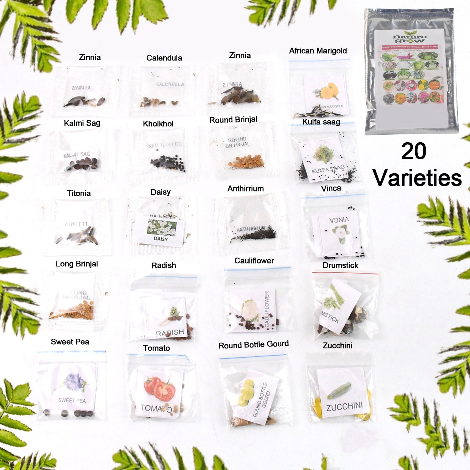 20 Varieties of Vegetable & Flower Seeds Combo (1 Pkt. / 20 Varieties)