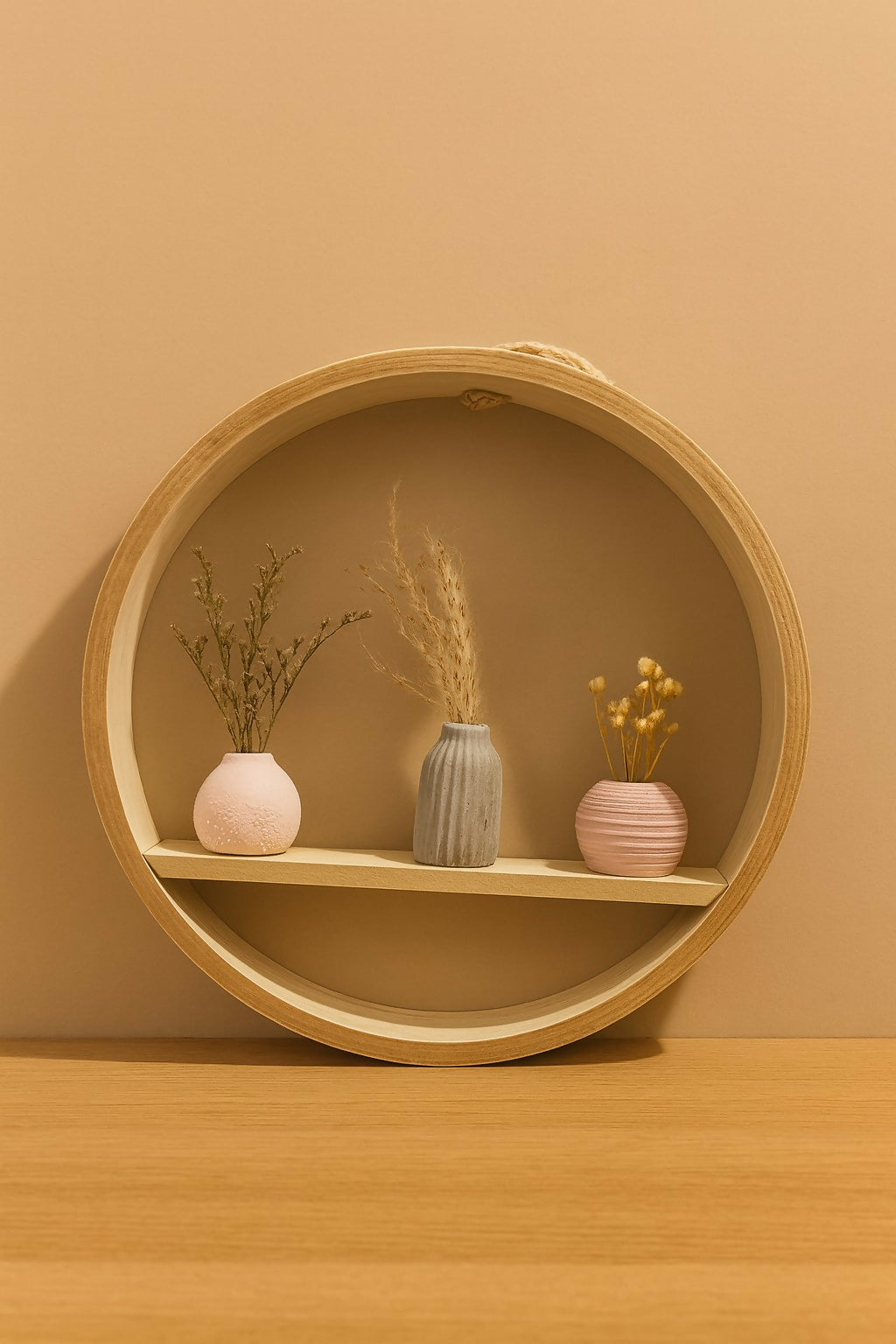 Round Wooden Wall Shelf with 3 Mini Ceramic Flower Vases – Modern Hanging Decorative Frame with Dried Flowers – Boho Rustic Wall Art for Living Room, Bedroom, and Home Decor