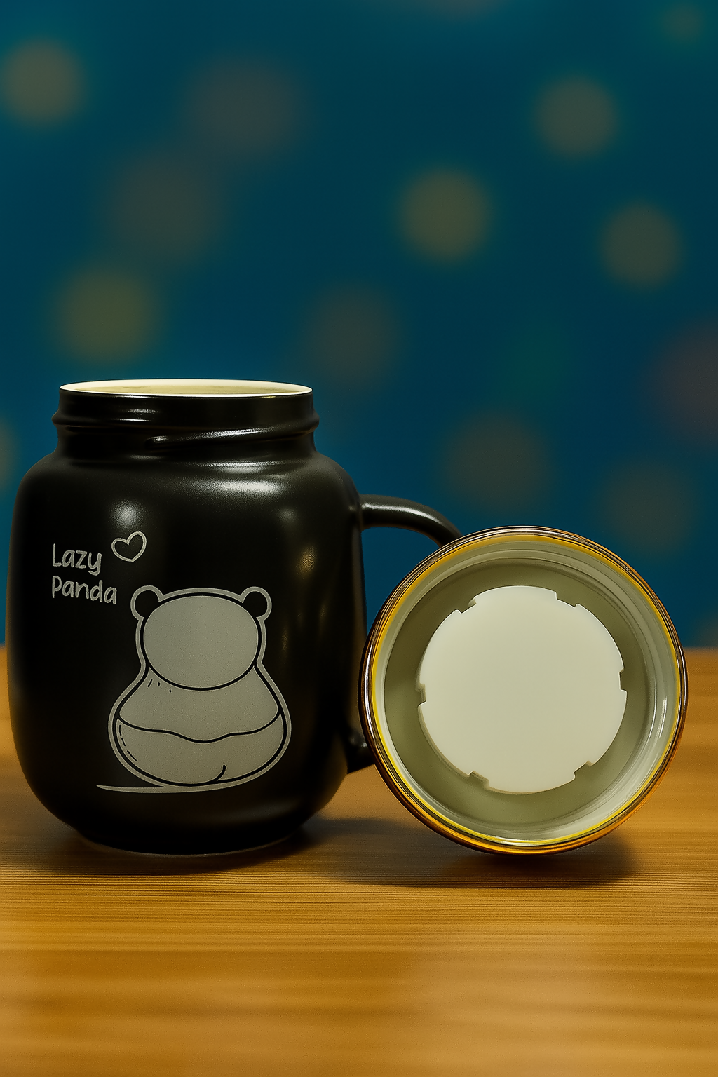 Hello Panda Black Ceramic Coffee Mug with Golden Smiley Lid