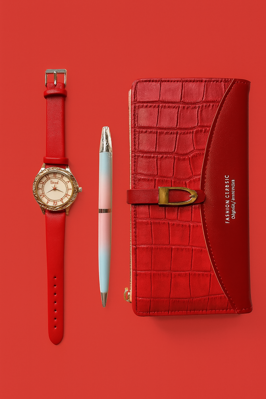 Luxury Red Gift Set for Women – Crocodile Texture Wallet, Elegant Analog Watch & Gradient Pen in Satin-Lined Box | Birthday, Anniversary & Festive Gifting Combo