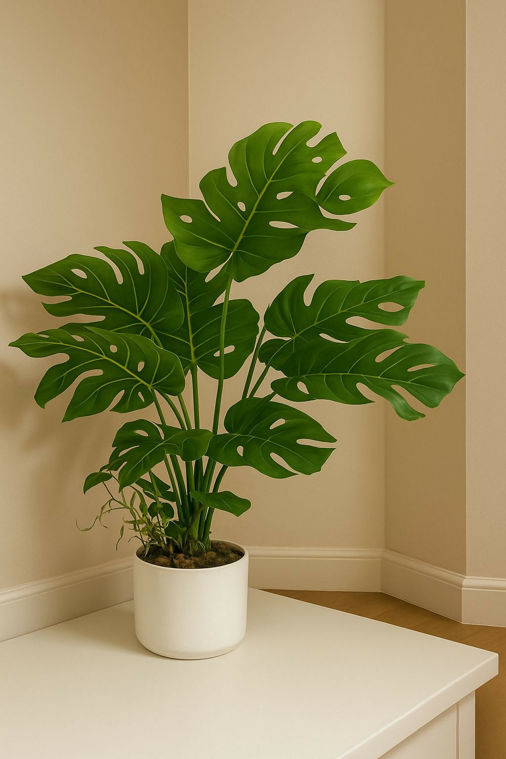 HOME DECOR Artificial Monstera Plant in White Pot – Realistic Green Tropical Leaf Faux Plant for Home, Office, Corner & Tabletop Decor – Decorative Indoor Plant for Modern Interiors and Gifting