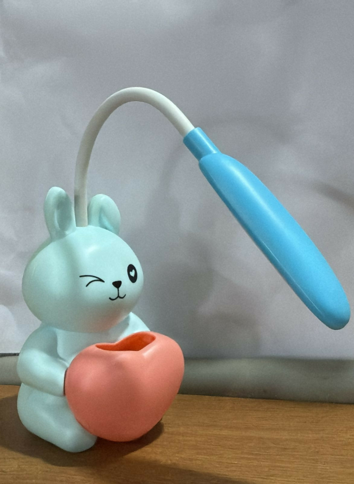 Blue Bunny LED Desk Lamp with Heart Pen Holder – USB Rechargeable Flexible Gooseneck Eye Protection Study Light for Kids, Cute Night Lamp for Bedroom, Study Table & Gift