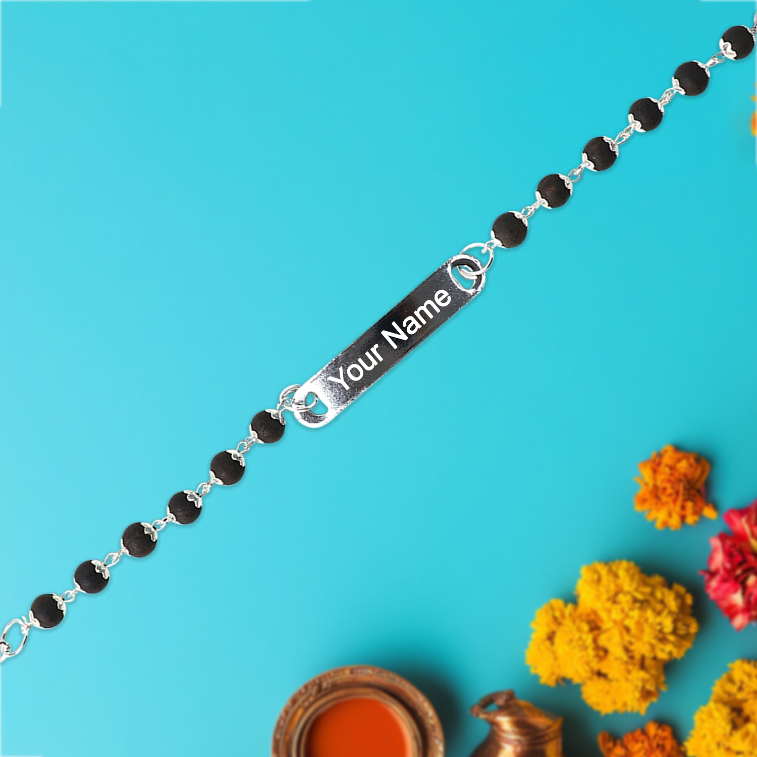 Custom Black Bead Name Bracelet – Personalized Silver Plate Bracelet for Men