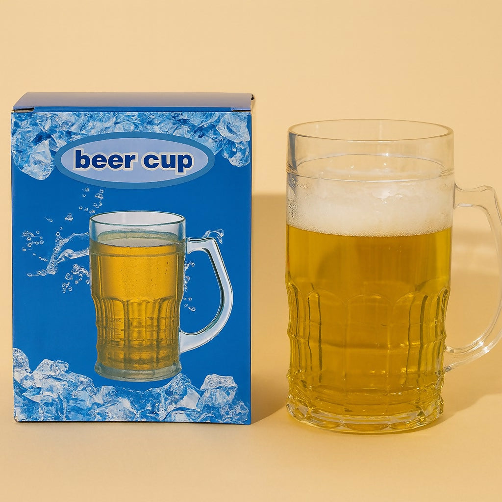 Premium Beer Mug Glass with Handle – Large Capacity Freezer Safe Beer Cup for Chilled Drinks, Cocktails, Mocktails & Juices | Thick Base, Durable Crystal-Clear Glass | Gift Box Included