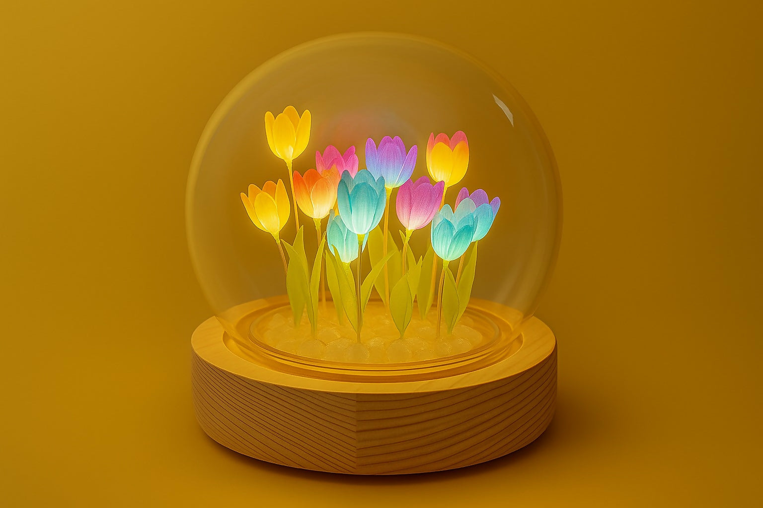 LED Multicolor Tulip Flower Light Dome with Glass Cover and Wooden Base – Rainbow Color Changing Decorative Night Lamp for Bedroom, Living Room, Gift, and Home Ambience