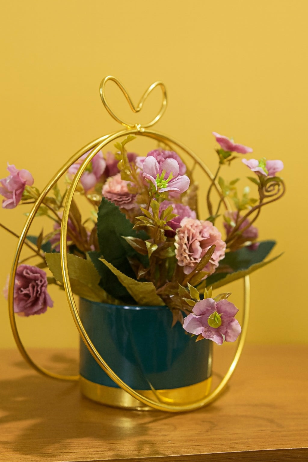 Artificial Flower Pot with Golden Metal Frame & Ceramic Planter | Decorative Pink & Purple Faux Floral Arrangement for Home, Office, Bedroom & Living Room Décor | Elegant Gift for Housewarming, Anniversary & Festivals