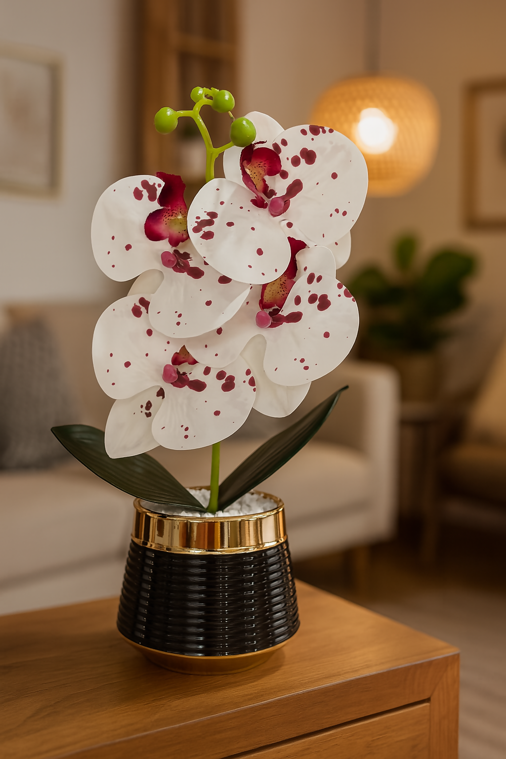 Premium Artificial Spotted White Orchid Flower Plant in Glossy Black Ceramic Pot – Faux Orchid with Red Accents and White Pebbles for Home, Office, Tabletop & Gifting