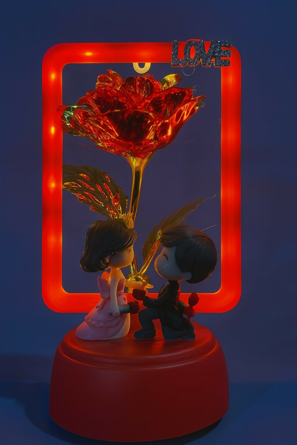 LED Romantic Couple Showpiece with Golden Rose & Glowing Frame – Valentine Gift, Anniversary Decor & Night Light for Bedroom