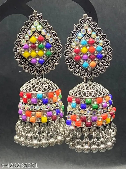 Oxidised Solver Multicolored Stones Brass Jhumka for Women's & Girls