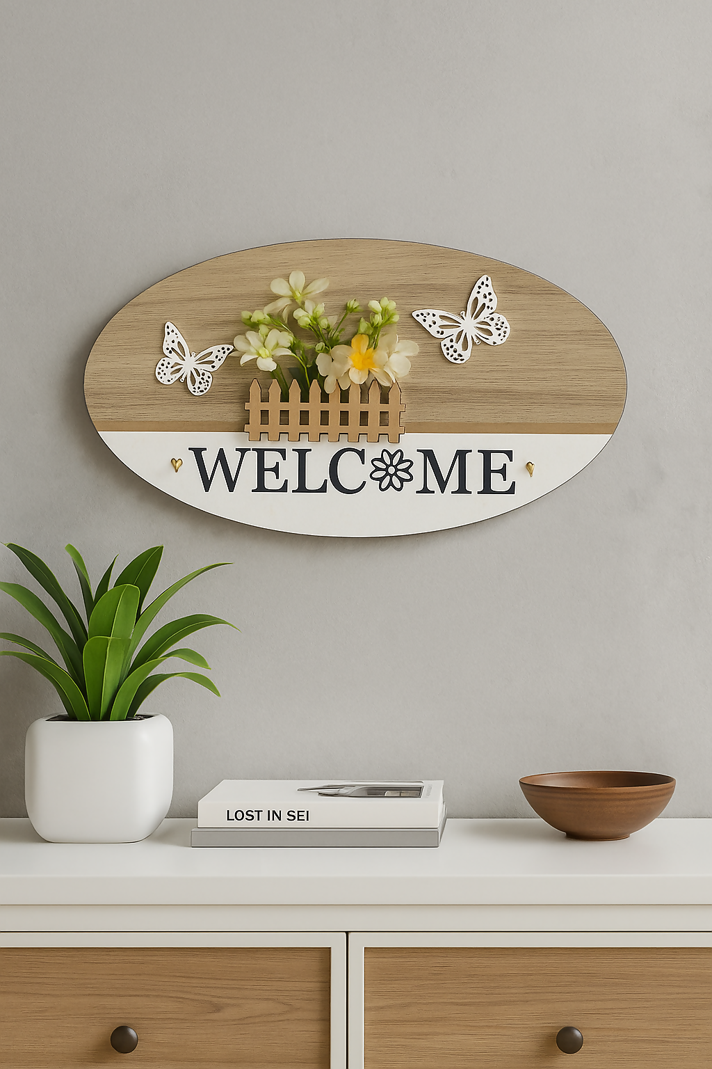 Wooden Oval Welcome Wall Hanging key stand with 3D Flower Basket, Decorative Butterflies & Floral Text Design – Entryway Door Sign for Home, Apartment, or Office Decor
