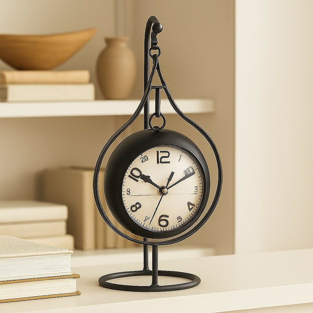 HOME DECOR Antique Hanging Table Clock with Iron Stand – Vintage Style Desk Clock with Rustic Black Frame and Classic Analog Dial – Decorative Timepiece for Home, Office, Living Room & Gifting