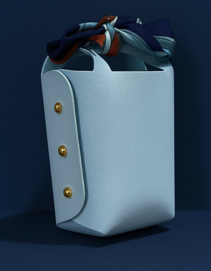 Elegant Light Blue PU Leather Mini Gift Pouch with Printed Navy Bow & Gold Rivets | Small Party Favor Bag, Jewelry/Candy Storage Box for Women & Girls