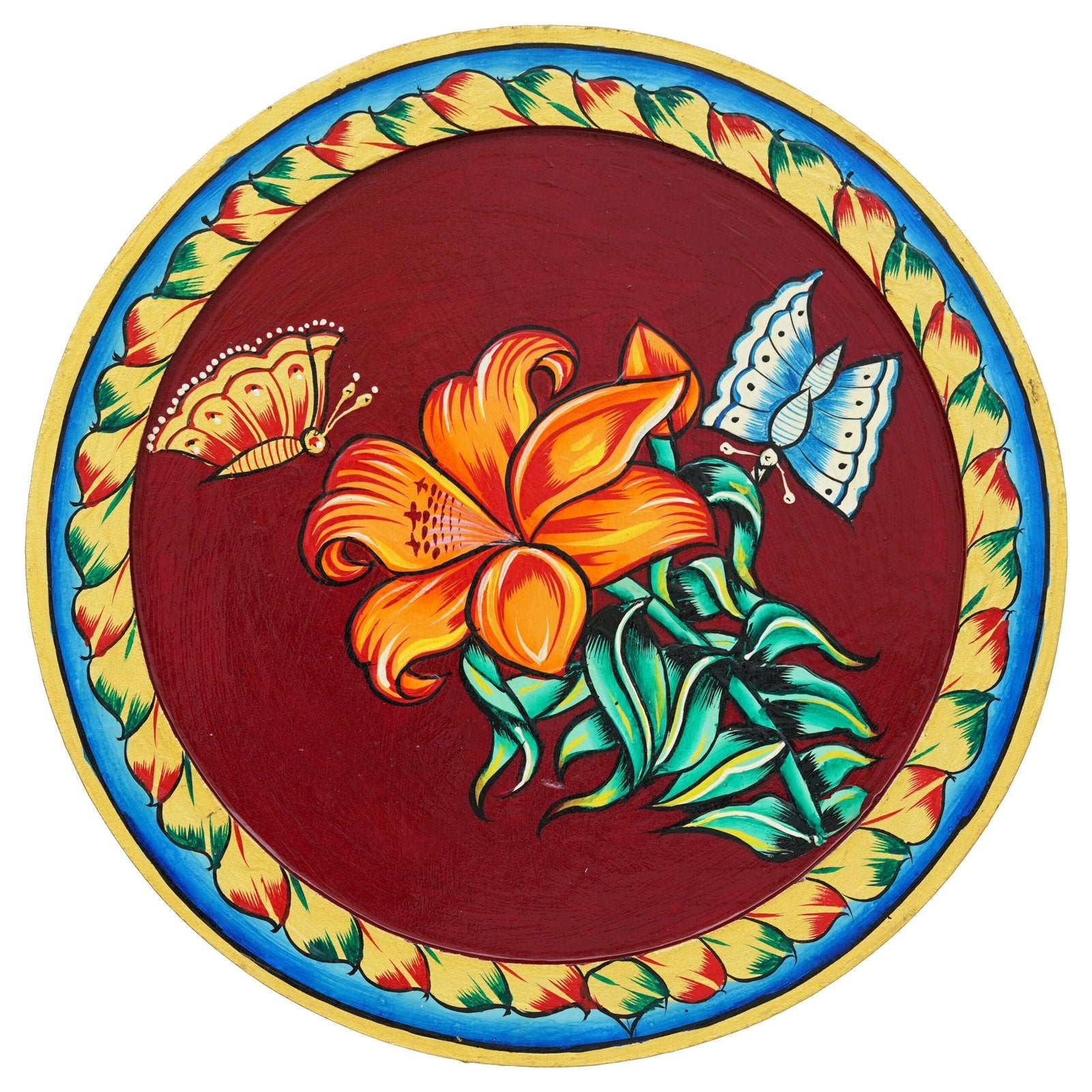 Decorative Red Plate with Butterfly and Flower Pichwai Painting