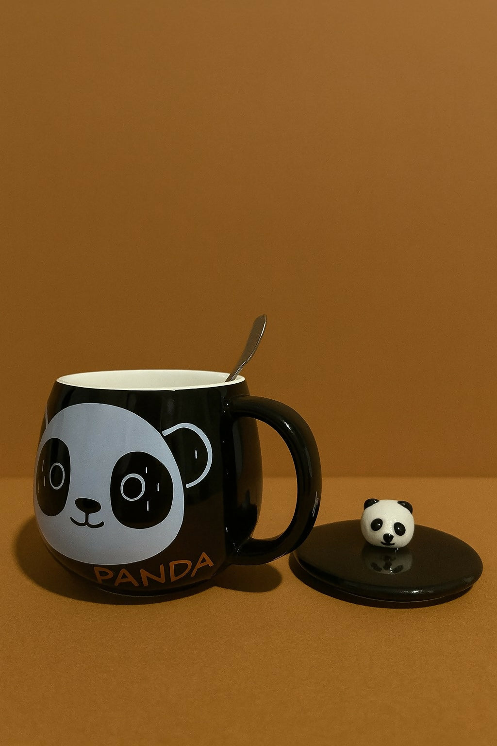 Black Panda Ceramic Mug with Lid & Spoon | Cute Cartoon Panda Coffee & Tea Cup | Large Capacity Milk Mug with Crown Panda Print | Gift Mug for Kids, Women & Panda Lovers