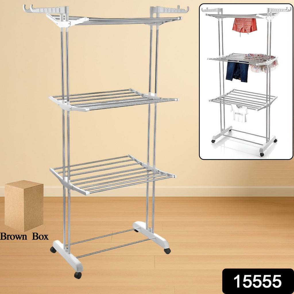 3-Tier Foldable Stainless Steel Cloth Drying Stand with Wheels