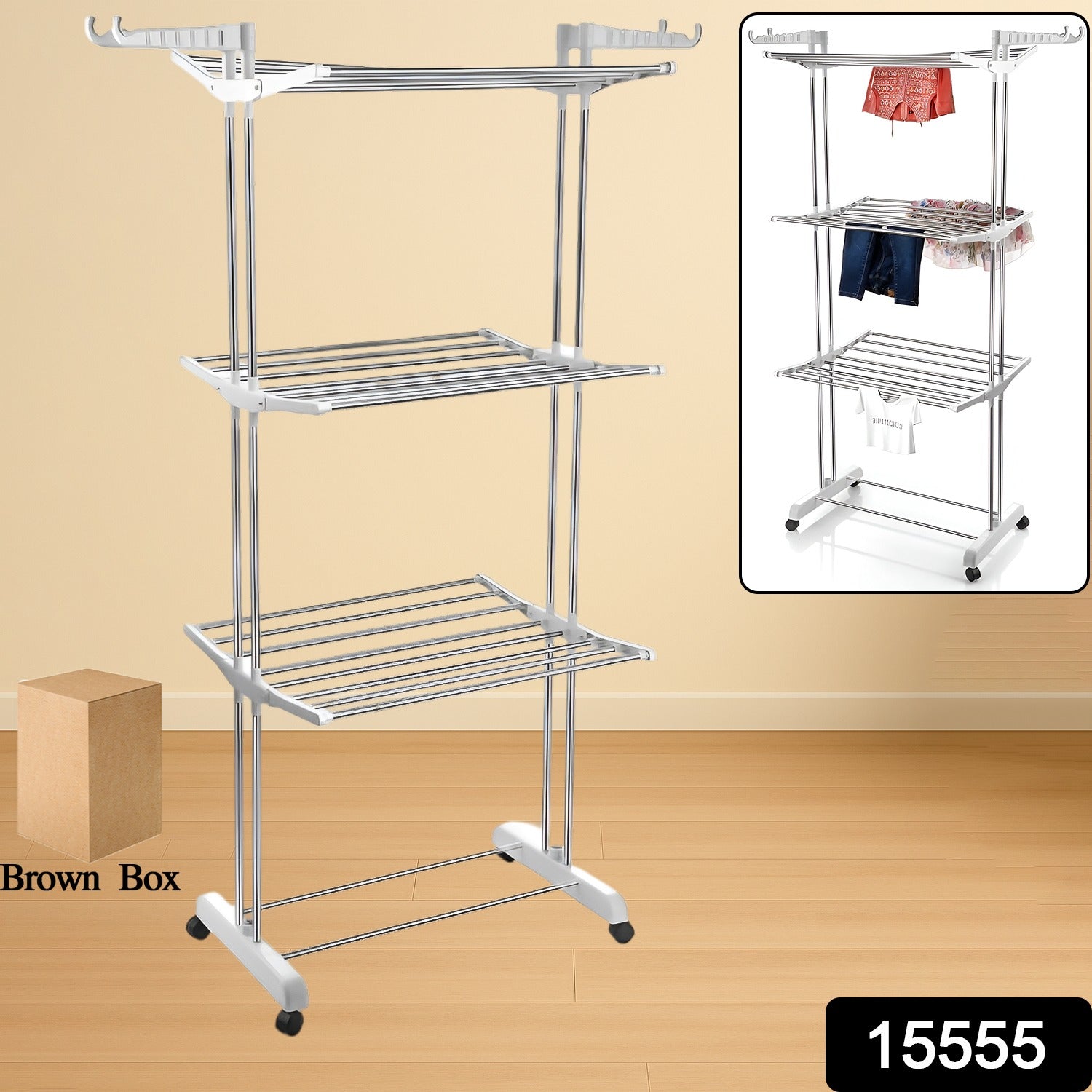 3-Tier Foldable Stainless Steel Cloth Drying Stand with Wheels