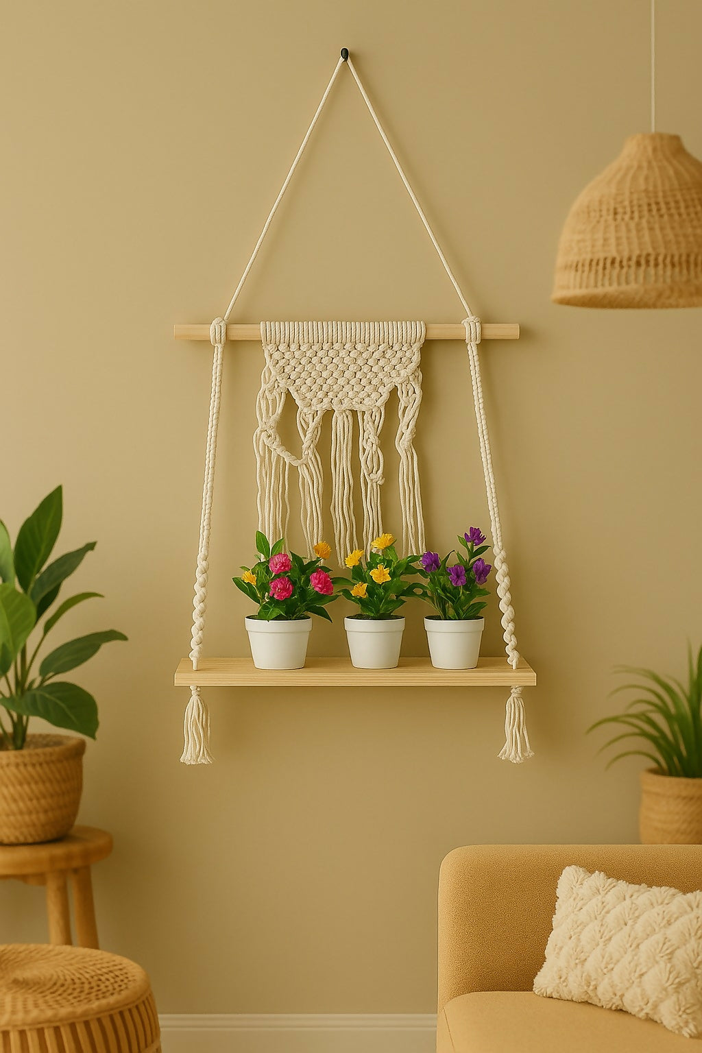HOME DECOR Macrame Wall Hanging Shelf with 3 Artificial Bonsai Plants – Boho Style Wooden Hanging Rack for Home Decor, Living Room, or Bedroom Wall Decoration (Set of 3 Potted Bonsai Plants Included)