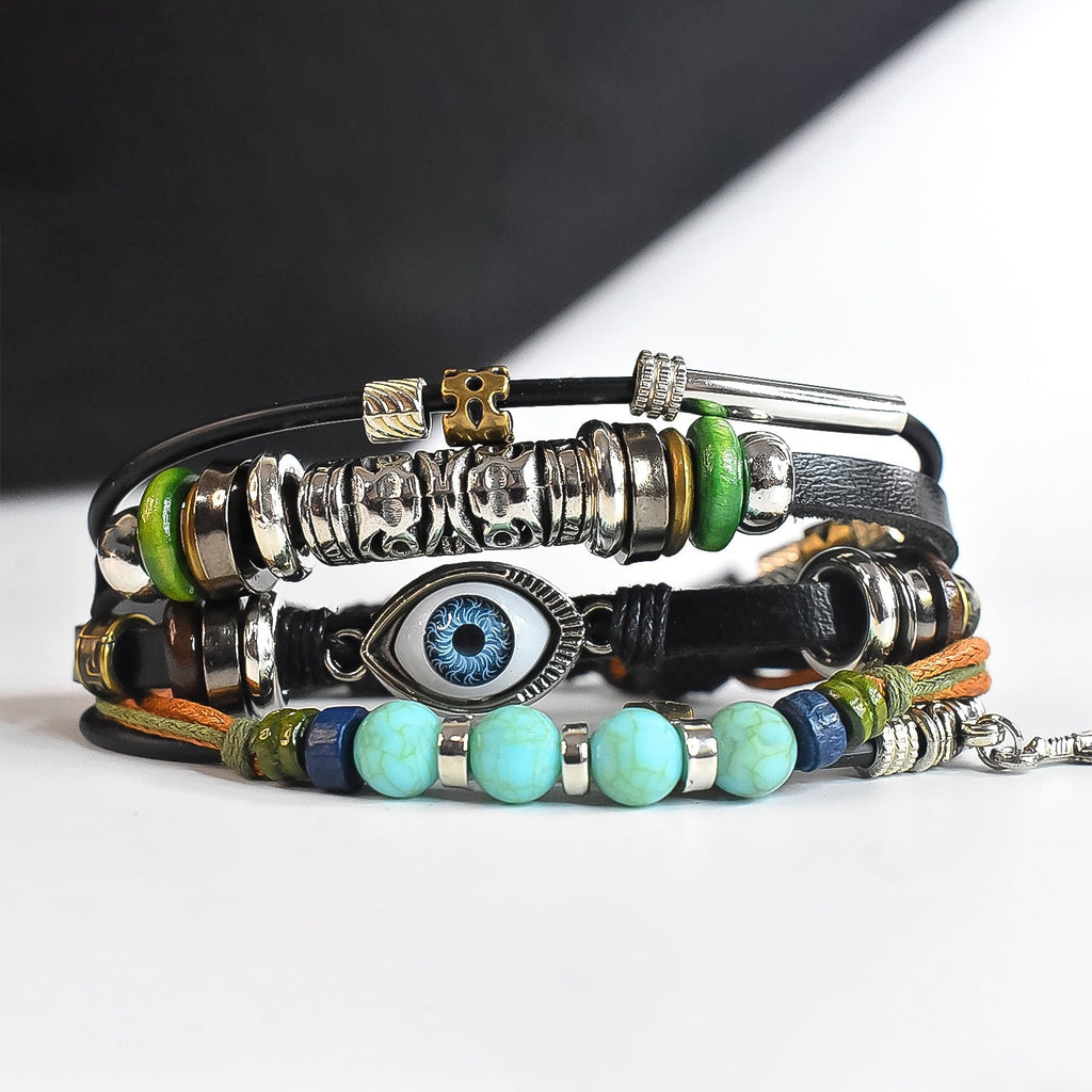 Leather Vintage Biker Cotton Thread Wood Strap Leaf Stackable Multi-strand Wrist Band  Bracelet