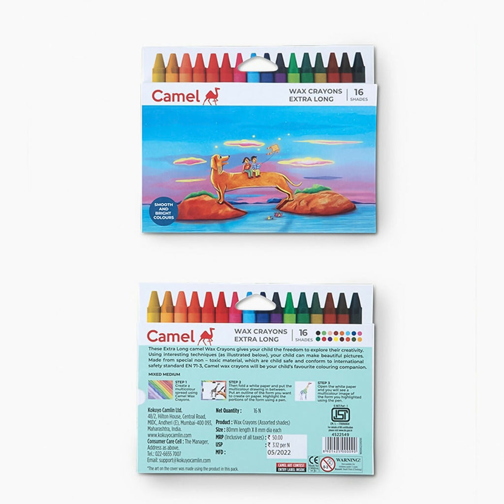 Camlin Wax Crayons Extra Long – 16 Bright Shades for Smooth Colouring
