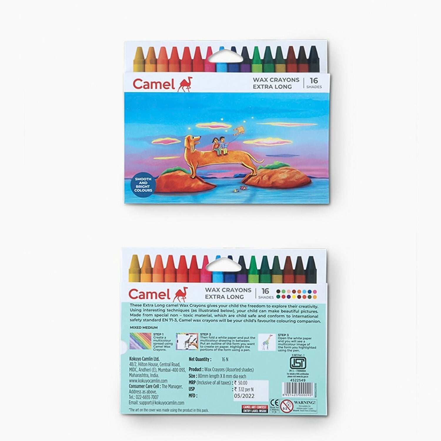 Camlin Wax Crayons Extra Long – 16 Bright Shades for Smooth Colouring