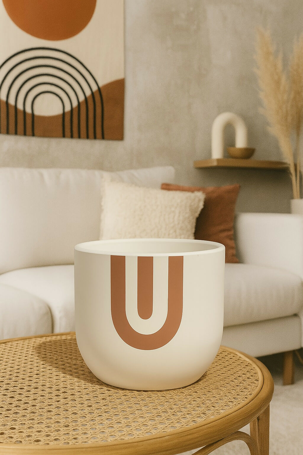 Modern Boho Ceramic Planter Pot with Geometric U-Shape Pattern – Matte Finish Indoor Flower Pot for Living Room, Bedroom & Office Home Decor (Cream & Terracotta, Medium)