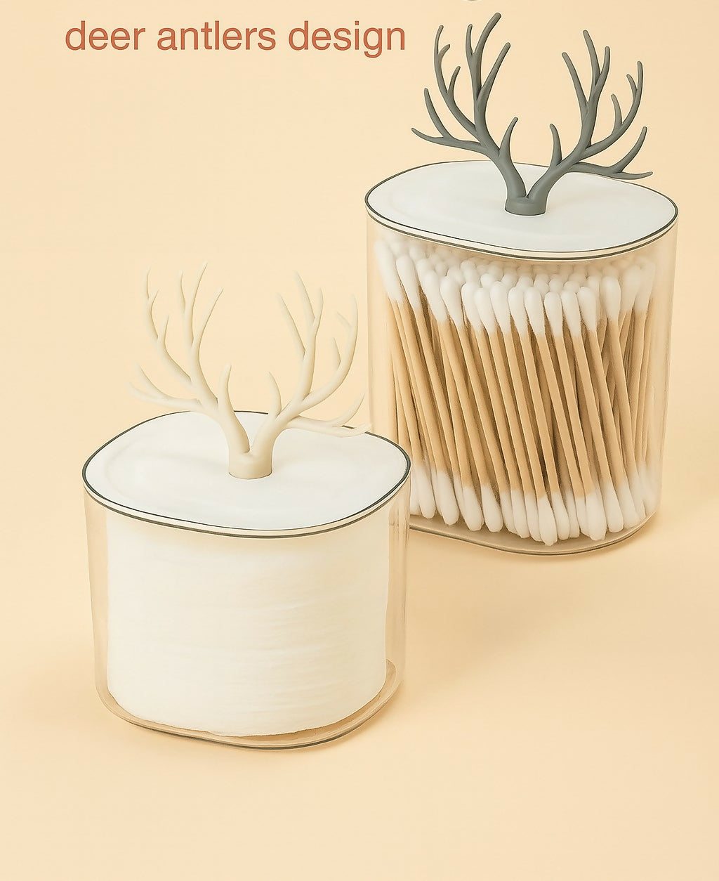 Clear Plastic Storage Jar with Decorative Antler Lid – Cute and Modern Countertop Container for Cotton Pads, Makeup Sponges, Jewelry, Snacks, or Bathroom Essentials – Stylish Home Organizer (Transparent)