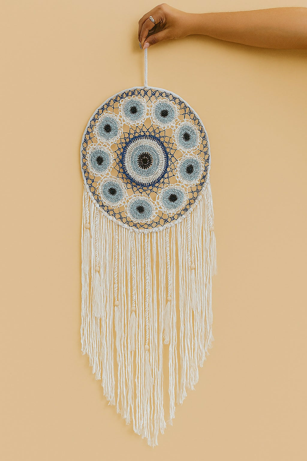 HOME DECOR Handmade Macrame Evil Eye Dreamcatcher Wall Hanging – Large Boho Crochet Wall Art with Cotton Tassels for Bedroom, Living Room, Home Decor & Gifting – Spiritual Protection Wall Hanging