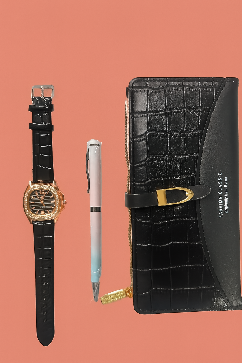 Luxury 3-in-1 Black Gift Set for Women – Premium Crocodile Texture Wallet, Elegant Analog Watch & Stylish Pen in Gift Box | Birthday, Anniversary, Festive Gifting Combo