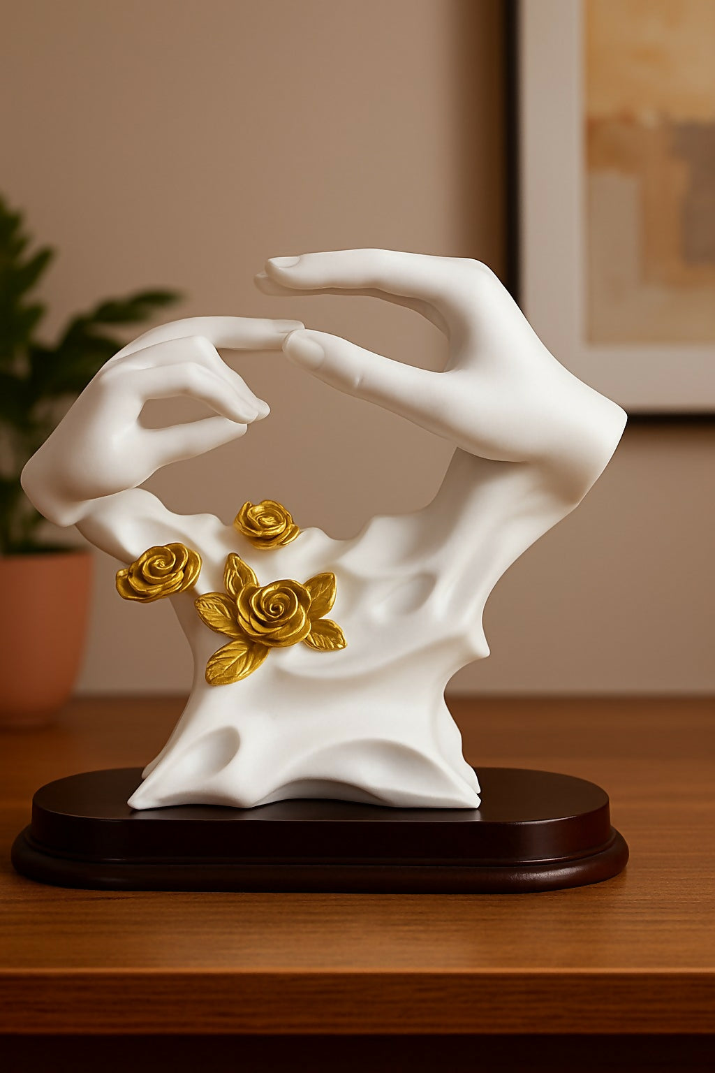 Elegant White Hand Sculpture with Golden Roses – Modern Resin Showpiece for Home Decor, Living Room & Office Table