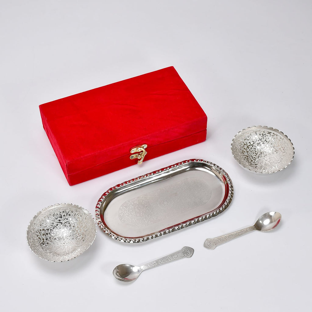 Silver-Plated Brass Bowl & Spoon Set with Velvet Gift Box