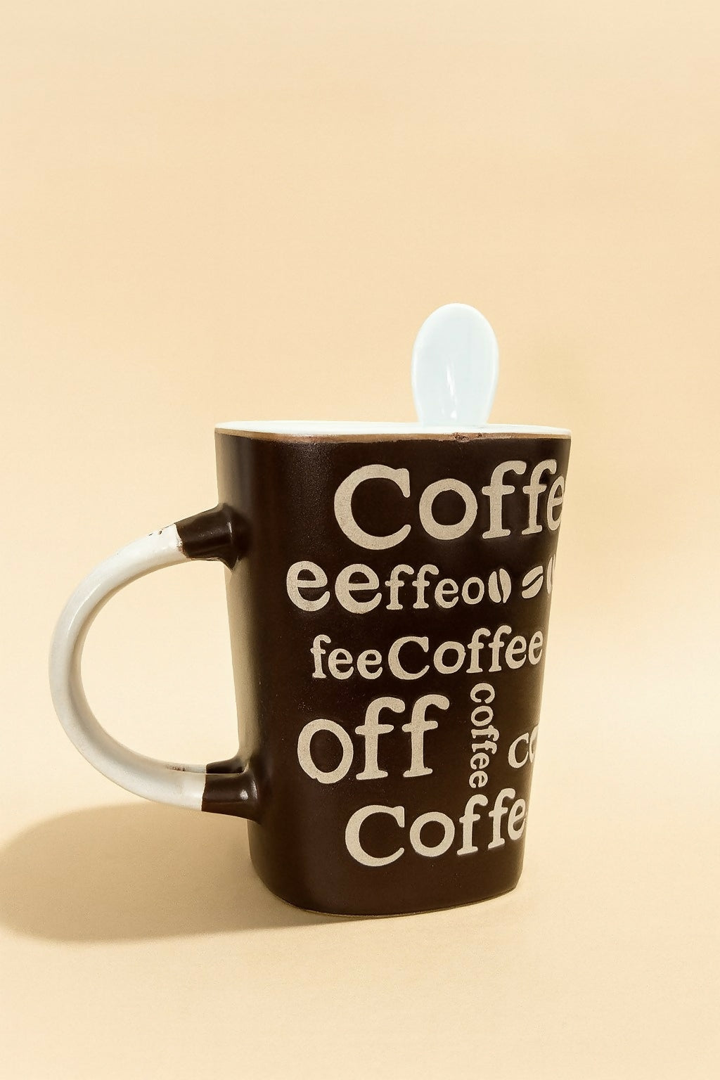 Brown Ceramic Coffee Mug with Spoon – Stylish Printed Coffee & Tea Cup with Handle Slot Spoon | Microwave & Dishwasher Safe Mug for Home, Office & Gifting