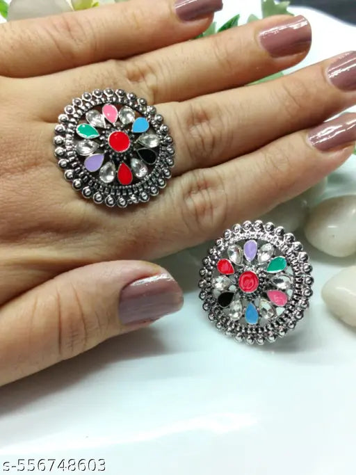 silverplated Oxidised Adjustable Finger Ring Studed With Multicoloured Stones