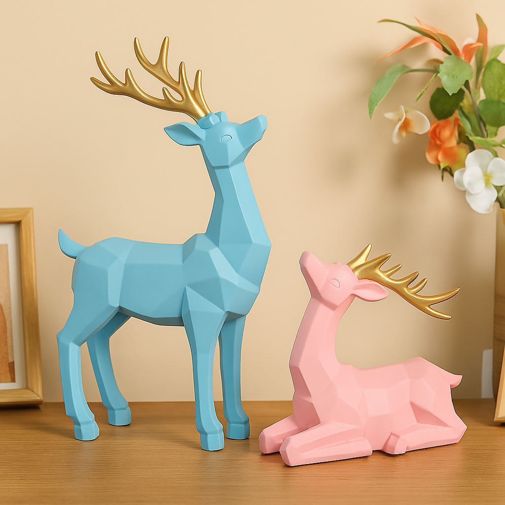 HOME DECOR Geometric Deer Couple Figurine Set – Blue & Pink Resin Decor with Golden Antlers