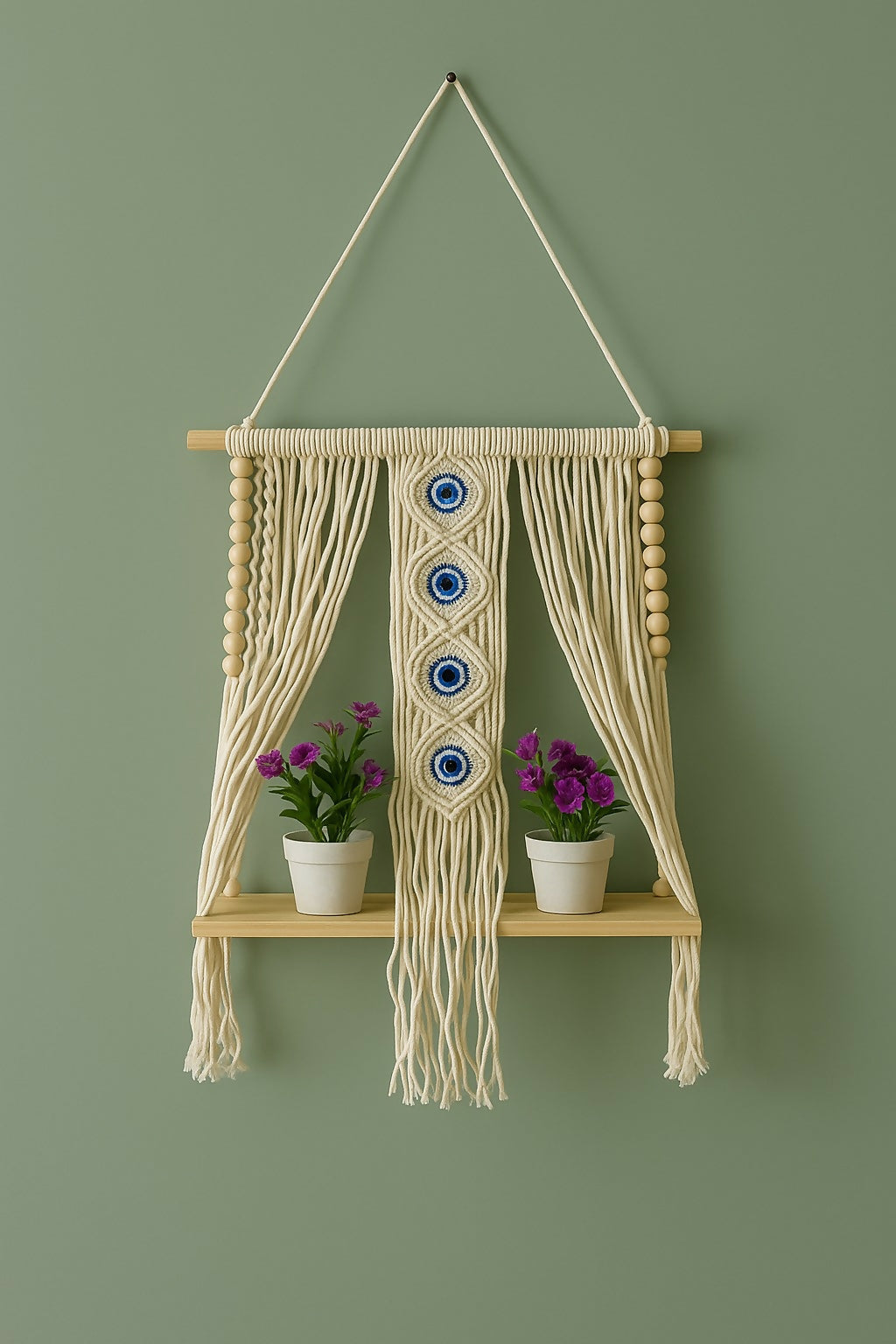 HOME DECOR Handmade Macrame Wall Hanging Shelf with Evil Eye Design and 2 Artificial Bonsai Plants – Bohemian Wooden Rope Planter for Home Décor, Living Room, Balcony & Gifting