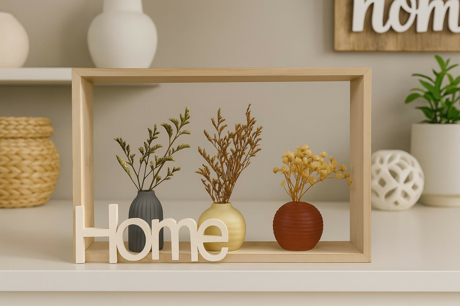 Minimalist Wooden Frame with “Home” Sign and Three Decorative Mini Vases with Dried Flowers – Rustic Modern Tabletop Décor for Living Room, Bedroom, and Office