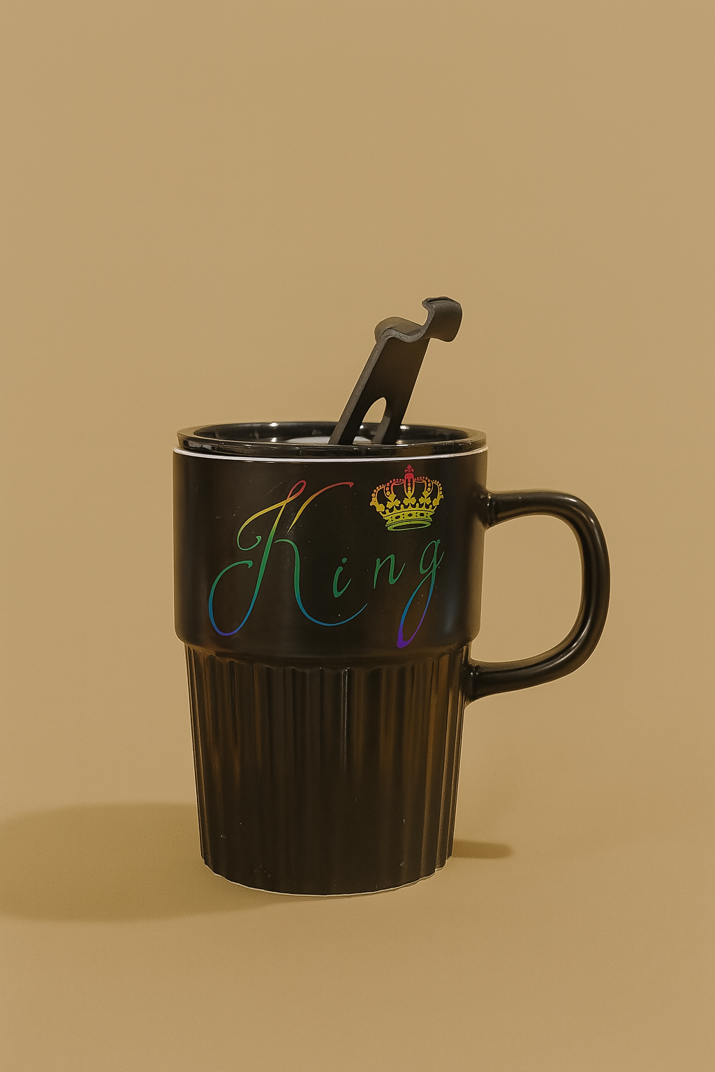 Premium Black Ceramic "King" Printed Coffee Mug with Lid and Stirrer | Stylish Gift Mug for Men, Husband, Boyfriend – Royal Design Tea Mug with Crown Print