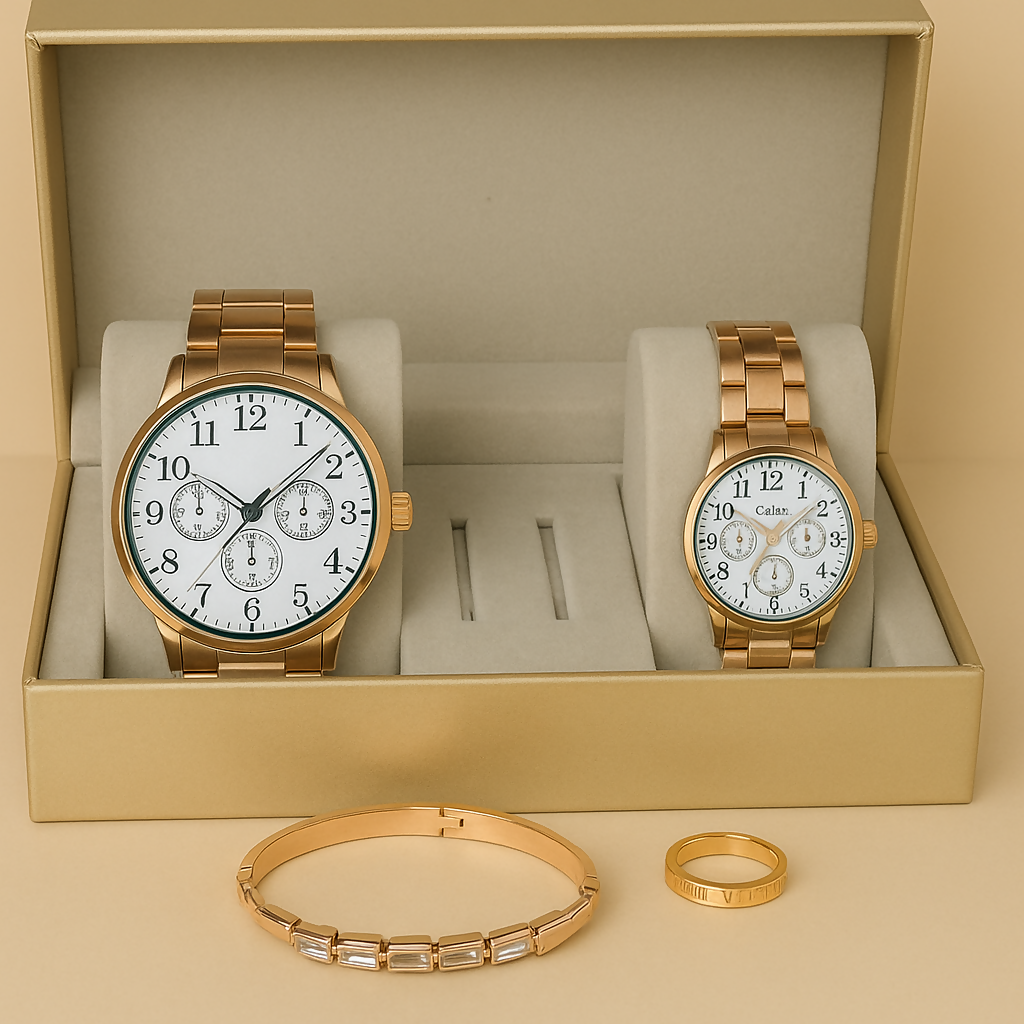 Luxury Gold-Plated Couple Watch Gift Set – His & Hers Matching Chronograph Watches with Elegant Bracelet & Love Engraved Ring in Premium Display Box – Ideal for Anniversary, Wedding, or Valentine's Day Gift
